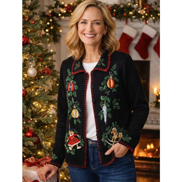 BP Designs Sweaters - Christmas Holiday Sweater BP Designs Sm Ramie Blend Cardigan Teacher Winter VTG